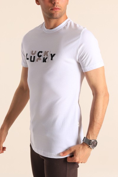 Beyaz Slim Fit Lucky Baskılı Erkek Tişört 181962