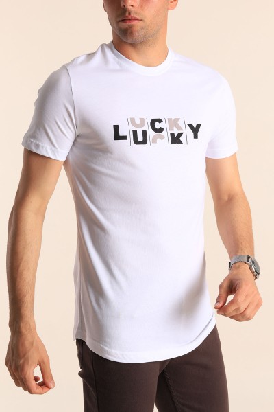 Beyaz Slim Fit Lucky Baskılı Erkek Tişört 181962