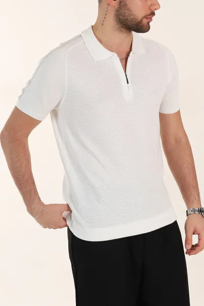 Beyaz Slim Fit Omuz Şerit Detaylı Fermuarlı Polo Yaka Erkek Triko Tişört 358401