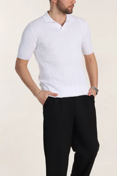 Beyaz Slim Fit Örgü Desenli Polo Yaka Kısa Kollu Erkek Triko Tişört 342770