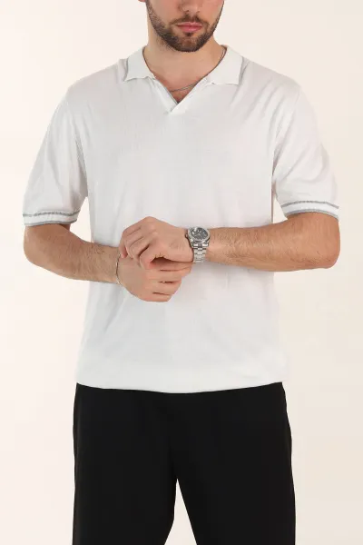 Beyaz Slim Fit Patlı Polo Yaka Erkek Triko Tişört 358354