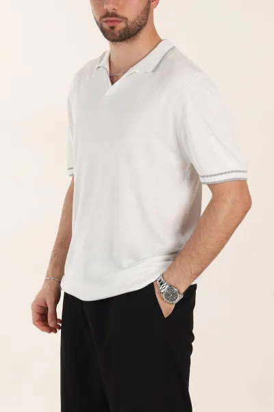 Beyaz Slim Fit Patlı Polo Yaka Erkek Triko Tişört 358354