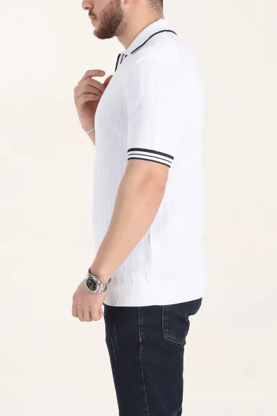 Beyaz Slim Fit Patlı Polo Yaka Kısa Kollu Erkek Triko Tişört 338585