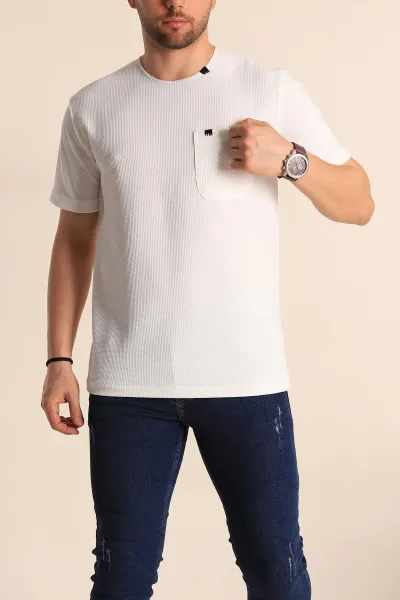 Beyaz Slim Fit Petek Dokulu Cep Detaylı Geniş Yaka Erkek Tişört 257208