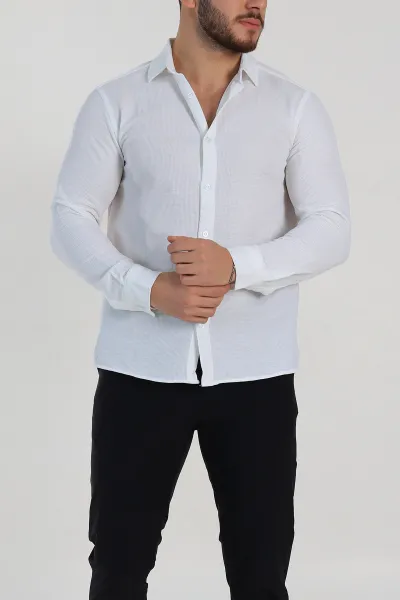 Beyaz Slim Fit Petek Dokulu Uzun Kollu Erkek Gömlek 325217