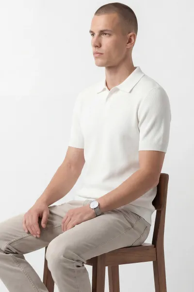 Beyaz Slim Fit Polo Yaka Triko Erkek Tişört 449053