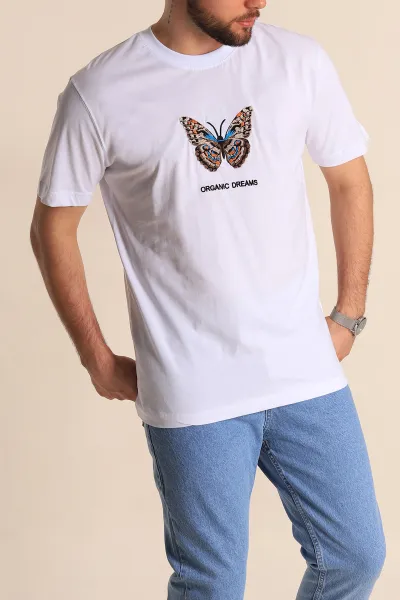 Beyaz Slim Fit Suprem Kumaş Kelebek Nakışlı Erkek Tişört 275980