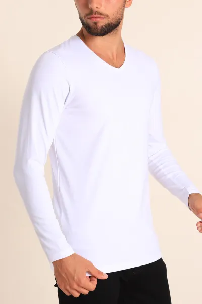 Beyaz Slim Fit V Yaka Likralı Basic Erkek Sweatshirt 234995