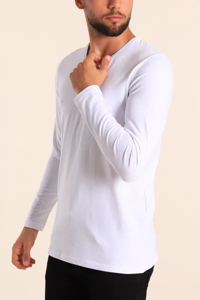 Beyaz Slim Fit V Yaka Likralı Basic Erkek Sweatshirt 234995