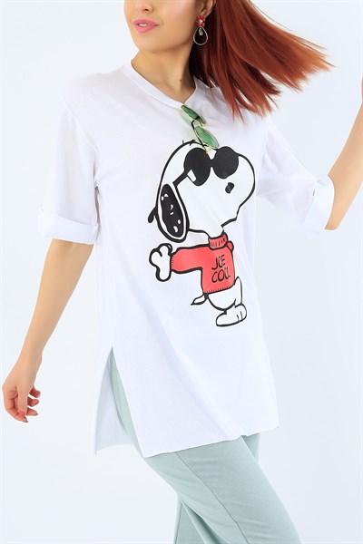 Beyaz Snoopy Baskılı Bayan Tişört 31334