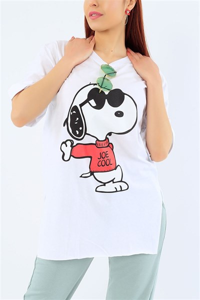 Beyaz Snoopy Baskılı Bayan Tişört 32318