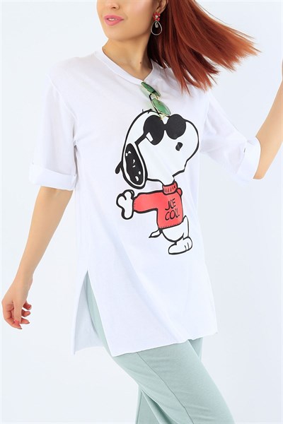 Beyaz Snoopy Baskılı Bayan Tişört 32318