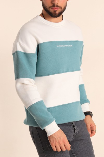 Beyaz Su Yeşili Oversize Üç İp Şardonlu Kabartma Yazılı Erkek Sweatshirt 225872