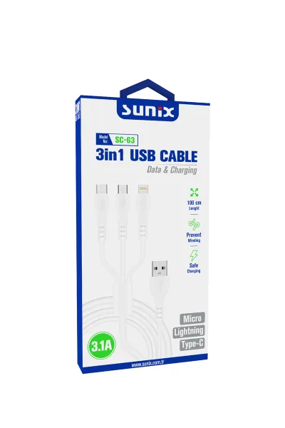 Sunix 3.1A 3in1 Type-C / Micro / Lightning Şarj ve Data Kablosu 1 Metre SC-63 290556