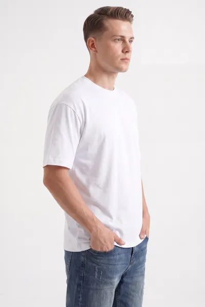 Beyaz Süprem Kumaş Oversize Sıfır Yaka Erkek Tişört 487713