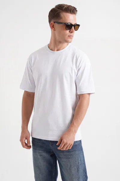 Beyaz Süprem Kumaş Oversize Sıfır Yaka Erkek Tişört 487713