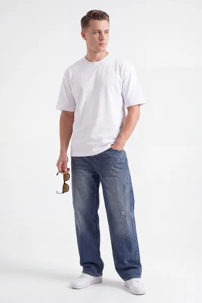 Beyaz Süprem Kumaş Oversize Sıfır Yaka Erkek Tişört 487713