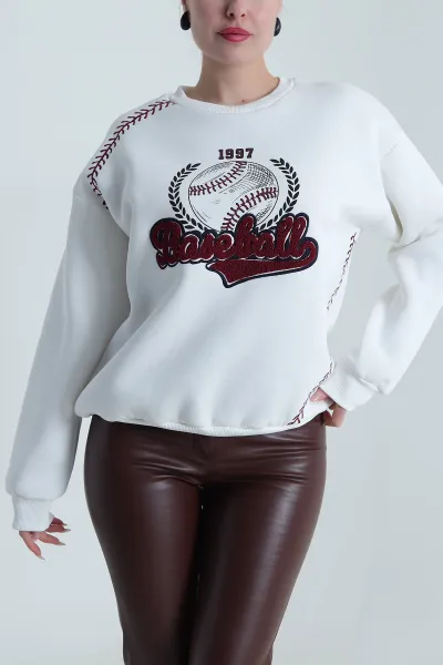 Beyaz Süzene Nakışlı Şardonlu Kadın Fermuarsız Sweat 492727