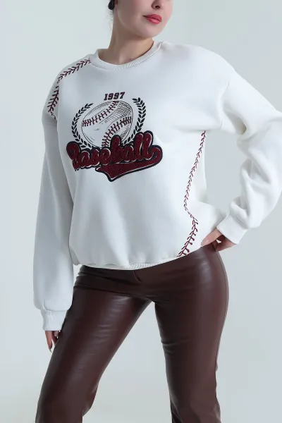 Beyaz Süzene Nakışlı Şardonlu Kadın Fermuarsız Sweat 492727