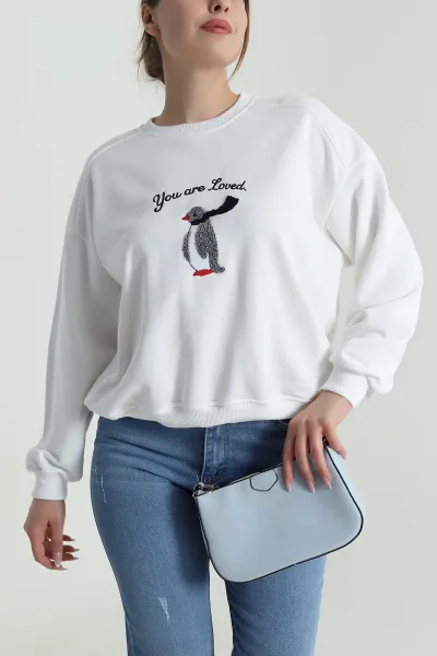 Beyaz Süzene Nakışlı Şardonsuz Üç İp Kadın Sweat 486604