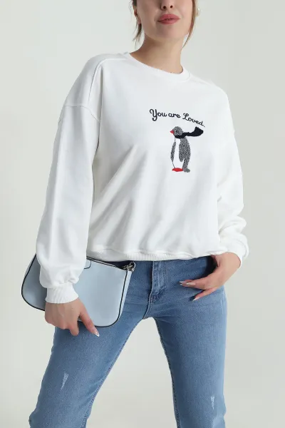 Beyaz Süzene Nakışlı Şardonsuz Üç İp Kadın Sweat 486604