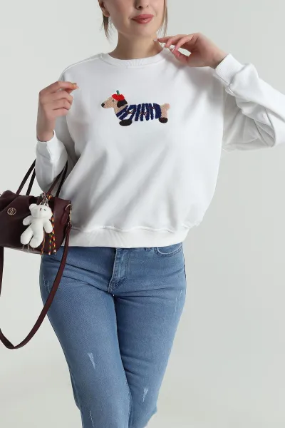 Beyaz Süzene Nakışlı Şardonsuz Üç İp Kadın Sweat 486607