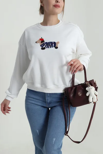 Beyaz Süzene Nakışlı Şardonsuz Üç İp Kadın Sweat 486607