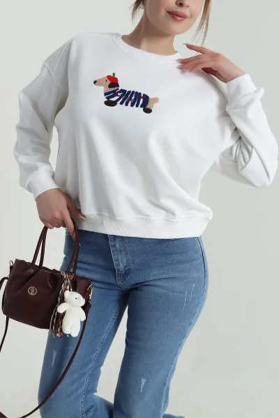Beyaz Süzene Nakışlı Şardonsuz Üç İp Kadın Sweat 486607