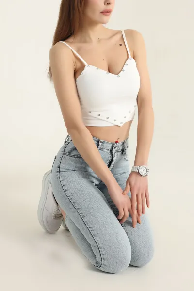 Beyaz Taş Detay Scuba Crop Bluz 337367