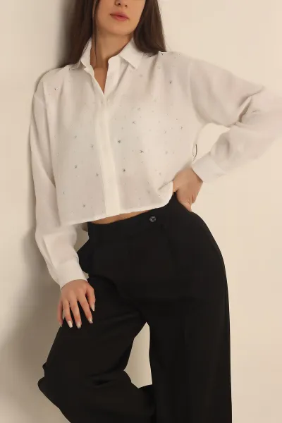 Beyaz Taş İşlemeli Keten Gömlek T- 199188