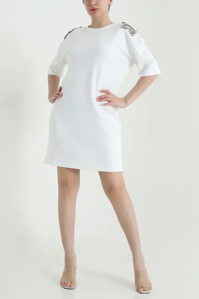Beyaz Taş İşlemeli Modal Kadın Elbise 461559