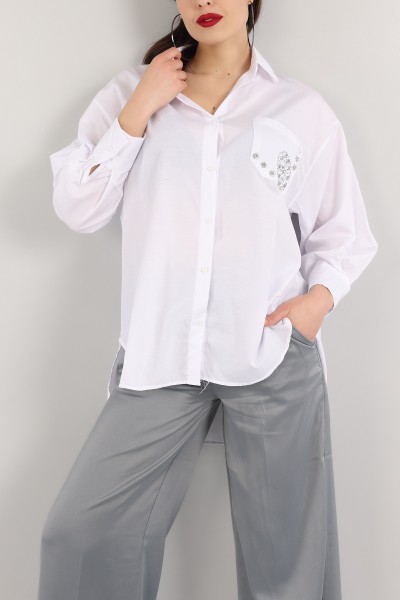 Beyaz Taş İşlemeli Poplin Dokuma Gömlek Tunik 159253