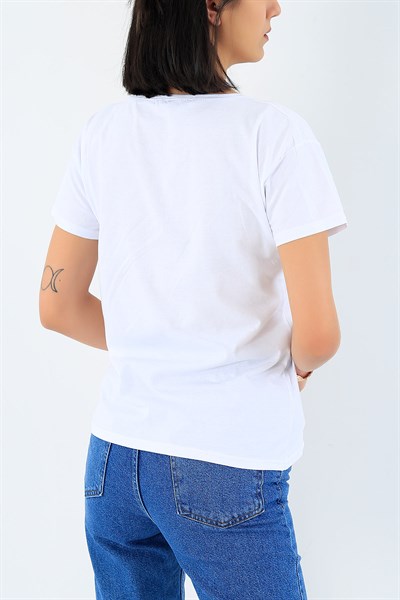 Beyaz Taş İşlemeli Tasarım Tişört 27930B