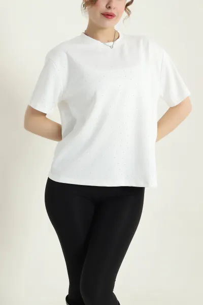 Beyaz Taşlı İnterlok Kadın Bluz 435827