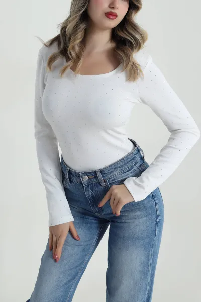 Beyaz Taşlı Likralı Oysho Kadın Bluz 486630