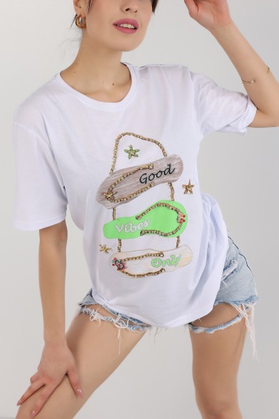 Beyaz Taşlı Oversize Bayan Tişört 163050