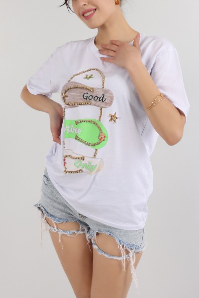 Beyaz Taşlı Oversize Bayan Tişört 163050