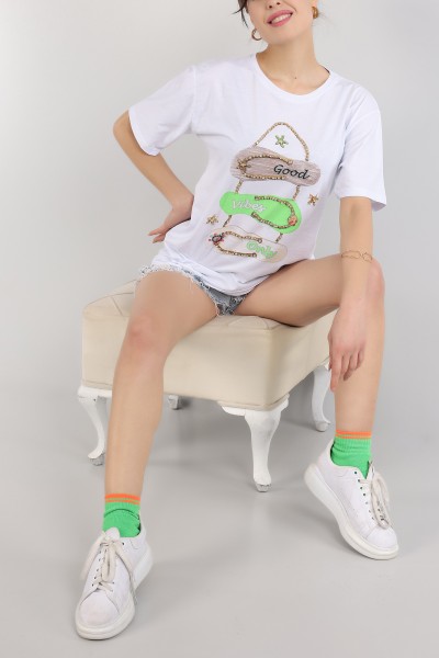 Beyaz Taşlı Oversize Bayan Tişört 163050