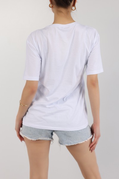 Beyaz Taşlı Oversize Bayan Tişört 163050