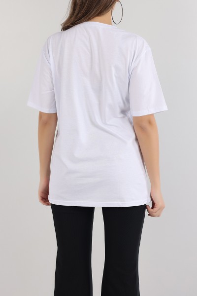 Beyaz Taşlı Oversize Bayan Tişört 163052