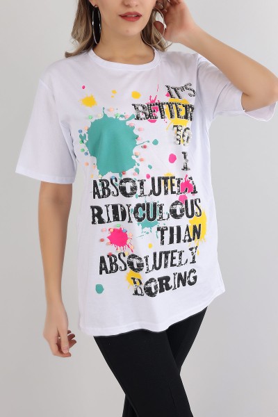 Beyaz Taşlı Oversize Bayan Tişört 163052
