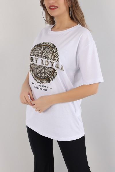 Beyaz Taşlı Oversize Bayan Tişört 163054