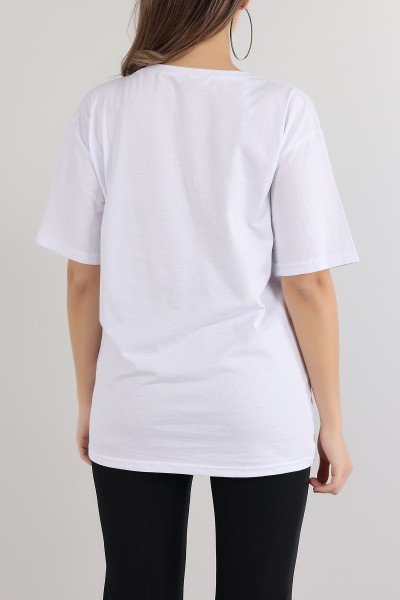 Beyaz Taşlı Oversize Bayan Tişört 163054