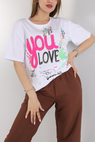 Beyaz Taşlı Oversize Bayan Tişört 163057