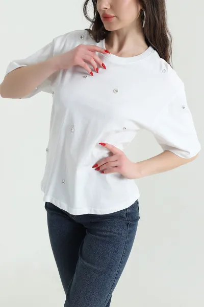 Beyaz Taşlı Ribana Kadın Tişört 437915