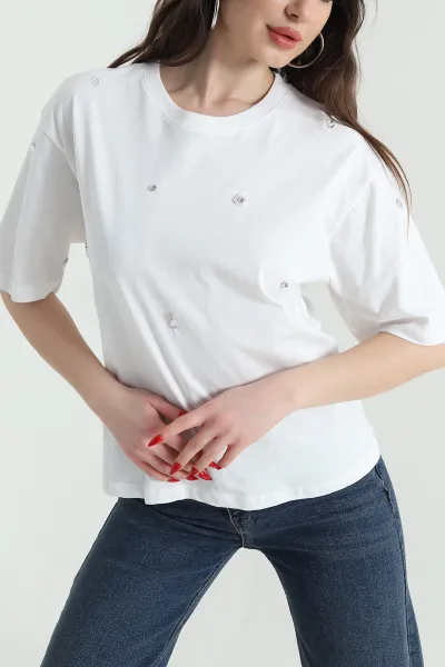 Beyaz Taşlı Ribana Kadın Tişört 437915