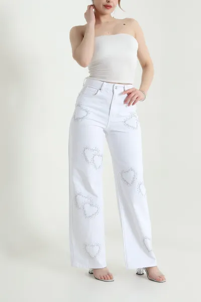 Beyaz Taşlı Salaş Kadın Kot Pantolon 453768