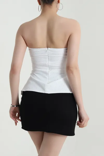 Beyaz Taşlı Straplez Kadın Denim Büstiyer 473165
