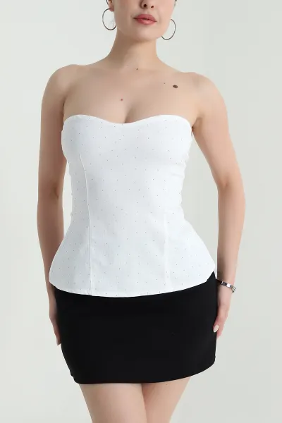 Beyaz Taşlı Straplez Kadın Denim Büstiyer 473165