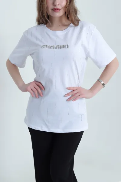 Beyaz Taşlı Süprem Kadın Tişört 438721